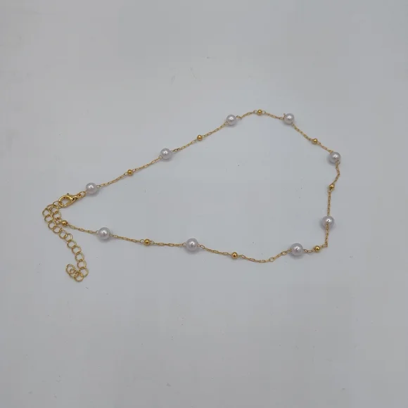 Dainty Goldtone Pearl And Gold Bead Station Necklace With Extender NWOT - Picture 2 of 3